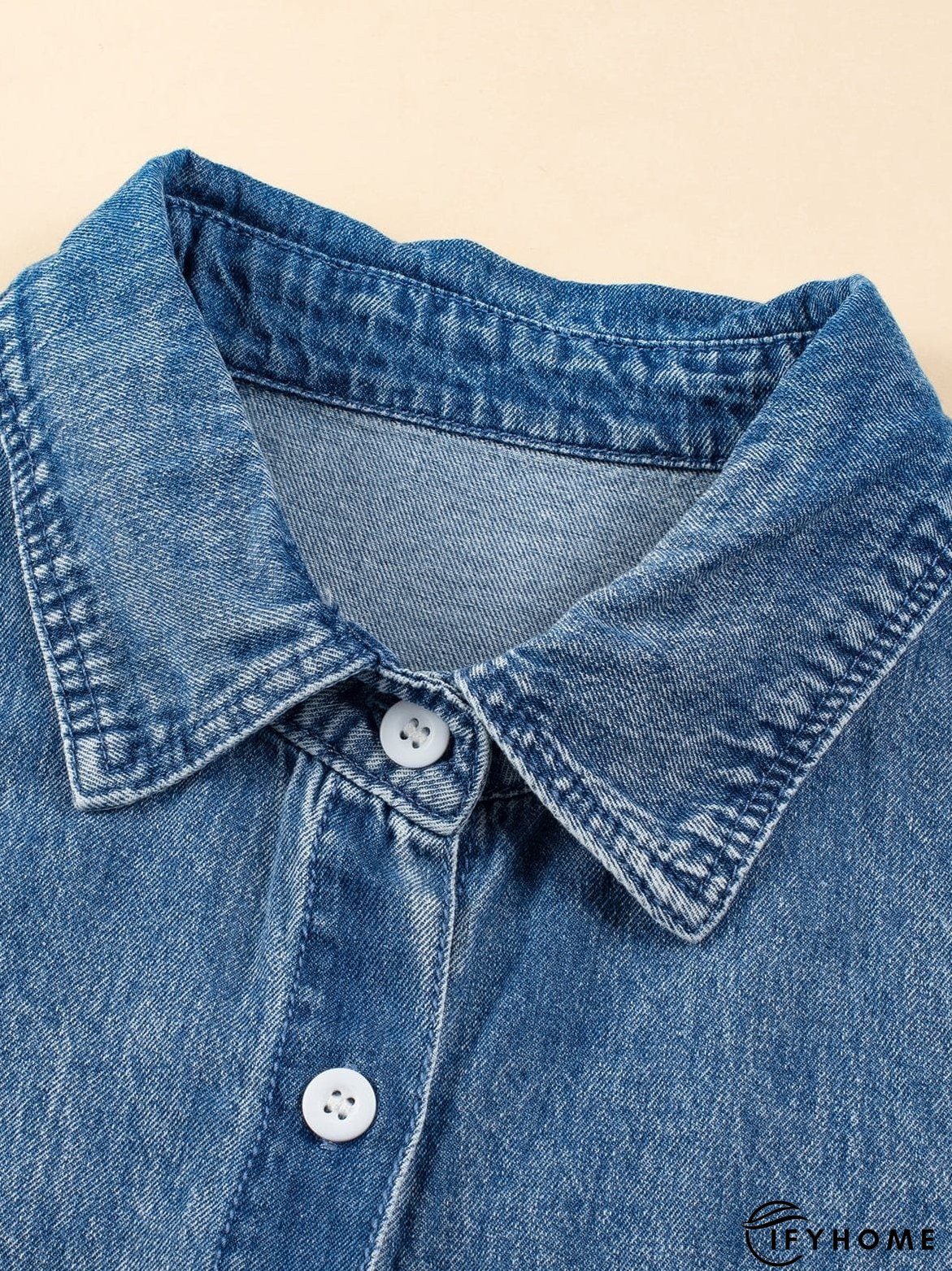 Blue Mineral Wash Denim Shirt Dress with Cuffed Sleeves | IFYHOME