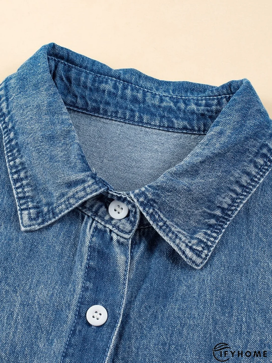 Blue Mineral Wash Denim Shirt Dress with Cuffed Sleeves | IFYHOME