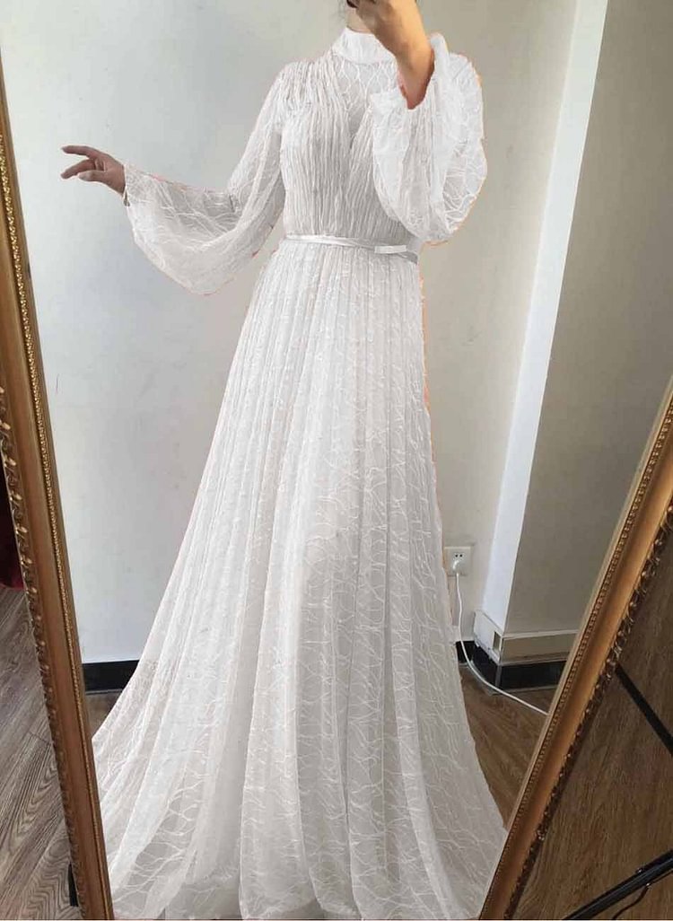 Promsstyle High collar puff sleeves tie up waist graceful maxi dress Prom Dress 2023