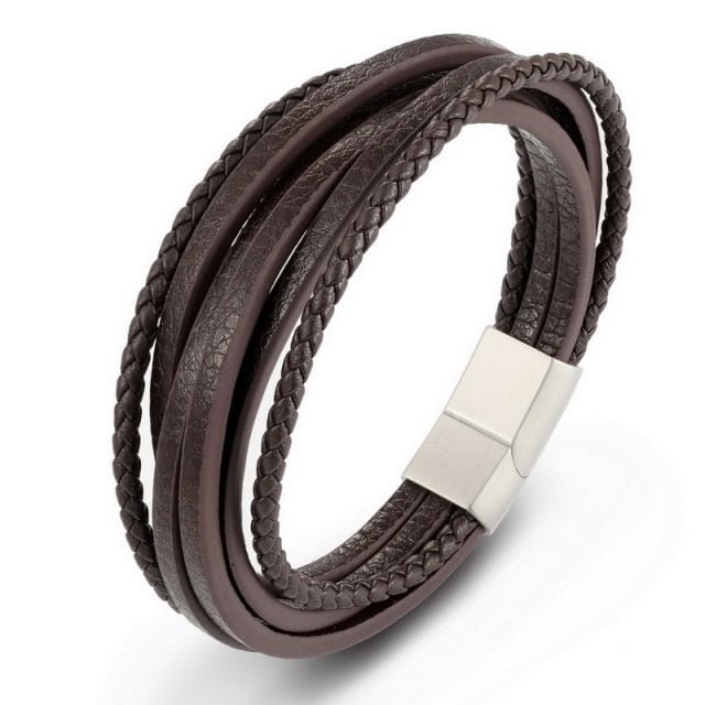 YOY-Fashion Stainless Steel Bangle Chain Genuine Leather Bracelet