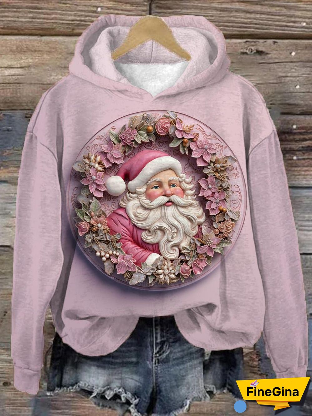 Women's Pink Floral Santa Printed Long Sleeve Hoodie