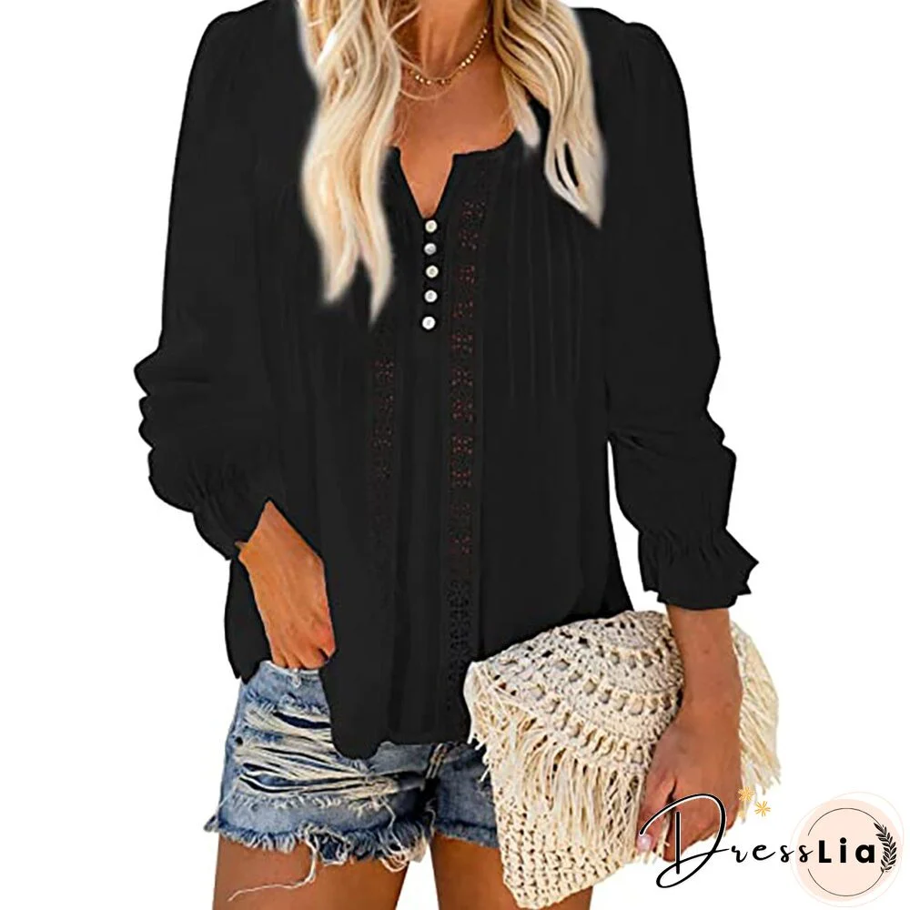 Women Summer V-Neck Button Chiffion Shirts Casual Blouse Ladies Tops Camisa Feminina Long Sleeve Autumn Solid Ladies Shirts D30