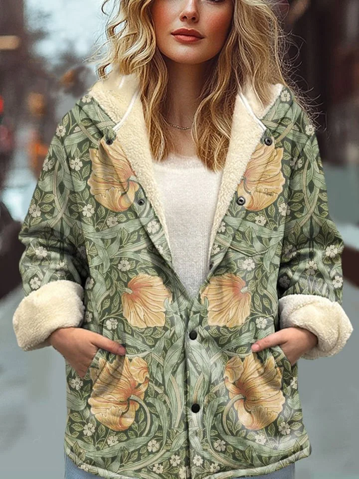 Women's Lovely Floral Art Print Waffle Plush Thick Long-Sleeved Hooded Coat