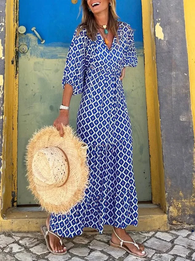 Women Geometric Casual Autumn Polyester Natural Long Best Sell A-Line Regular Size beach dresses