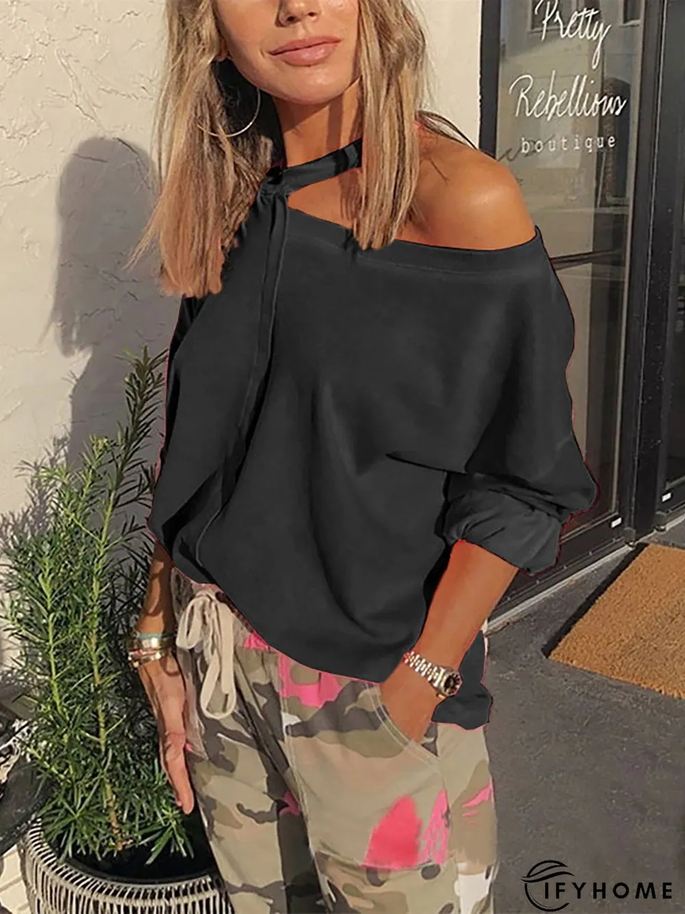 Asymmetrical Neck Long Sleeves Solid Long Sleeve T-shirt | IFYHOME