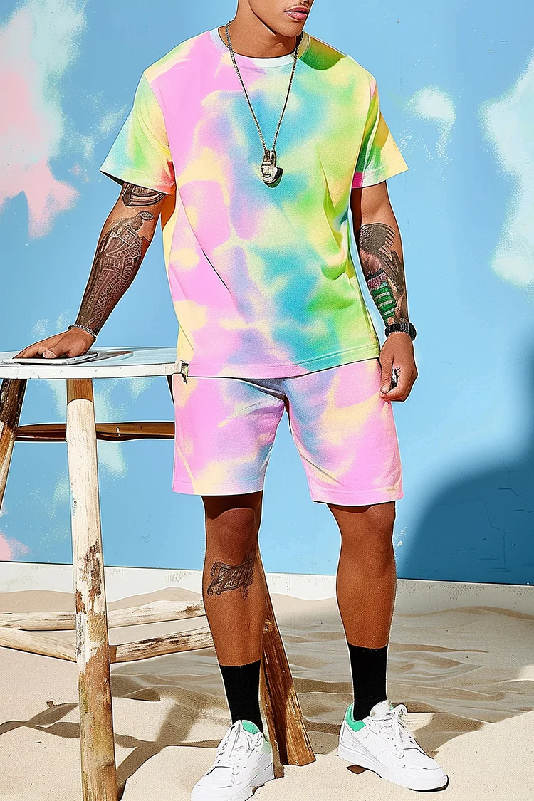Rainbow Tie-Dye Gradient T-shirt Shorts Casual Two Piece Set