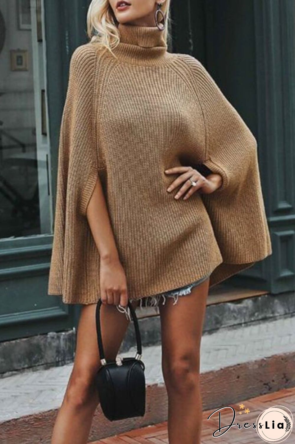 Fashion Turtleneck Solid Color Cape Sweater