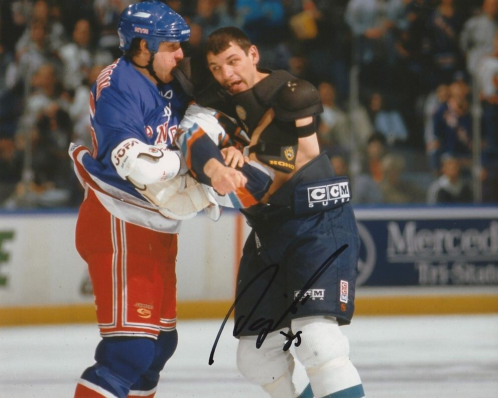 VINTAGE GINO ODJICK SIGNED VANCOUVER CANUCKS FIGHT 8x10 Photo Poster painting! Autograph