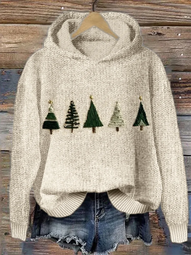 VChics Christmas Trees Embroidery Art Cozy Knit Hoodie