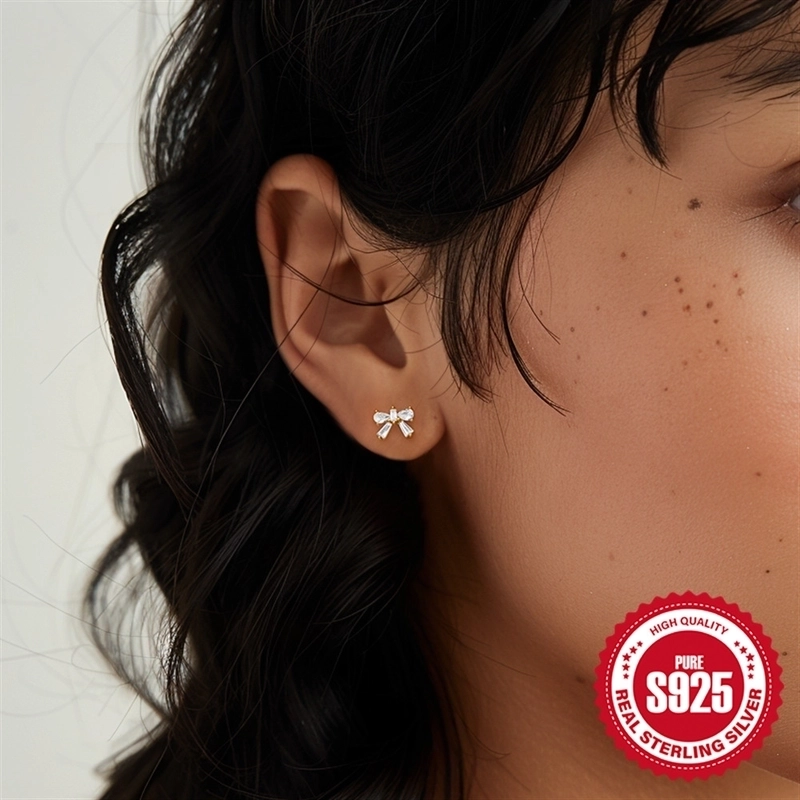 1 Pair 925 Sterling Silver Zircon Heart Shape Bow Knot Ear Studs