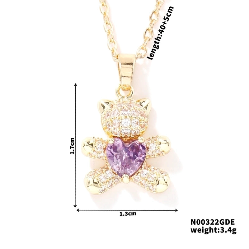 304 Stainless Steel Copper Rhodium Plated Inlay Bear Heart Shape Glass Zircon Pendant Necklace