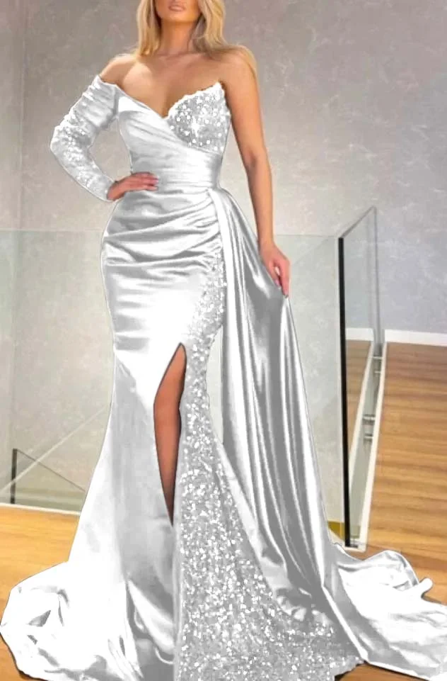 Black One Shoulder Long Sleeve Split Mermaid Prom Dress With Sequins PD0794