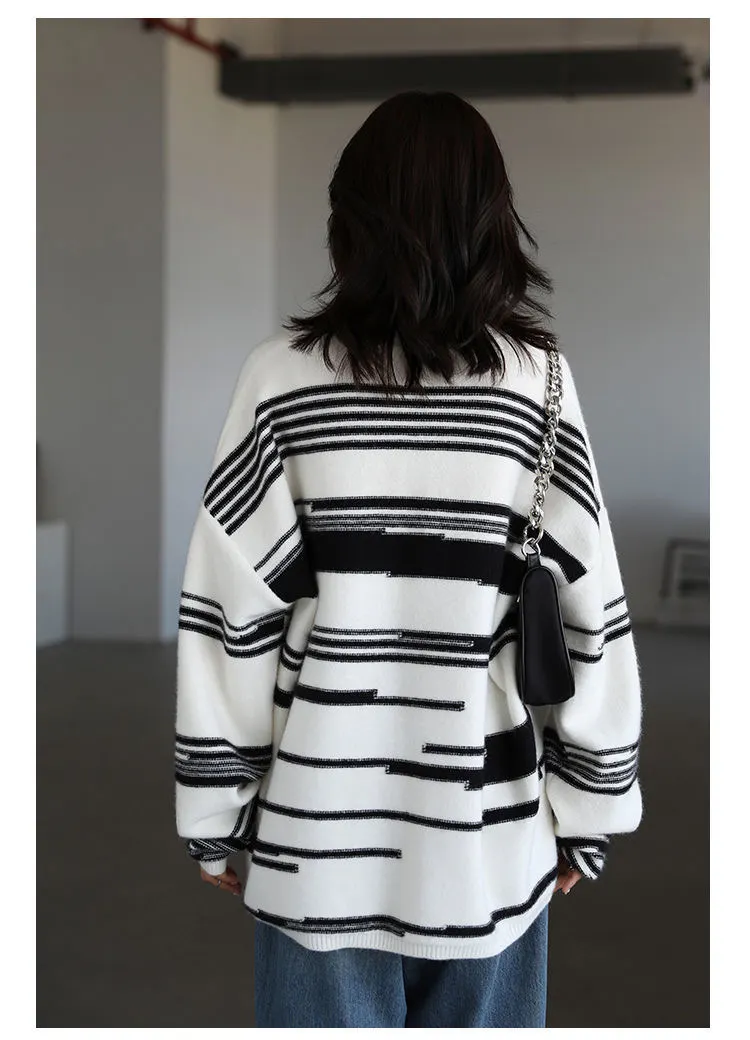 0000~Oversize Striped Sweater with 3/4 Sleeve