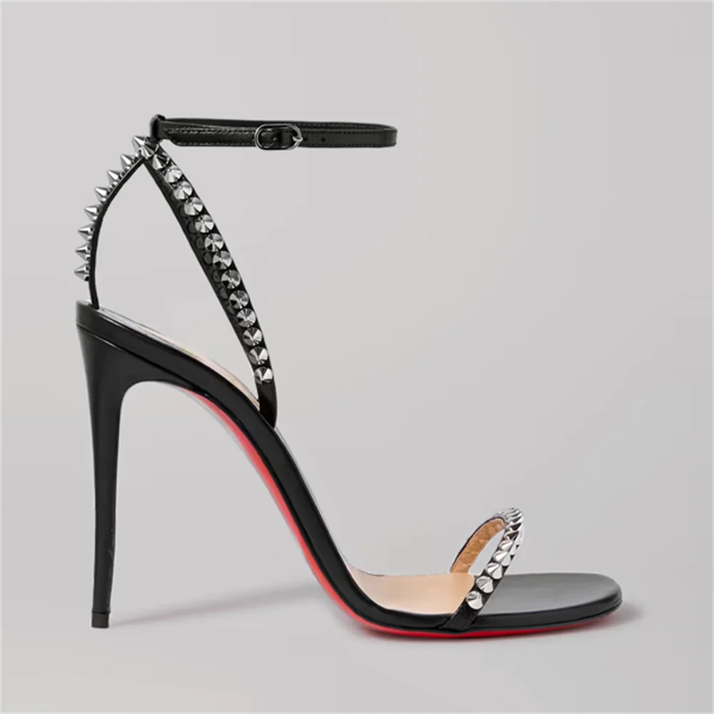 120mm Women's Sandals Stiletto Red Bottom High Heels Open Toe Ankle Strap Rivet Studs Shoes-MERUMOTE