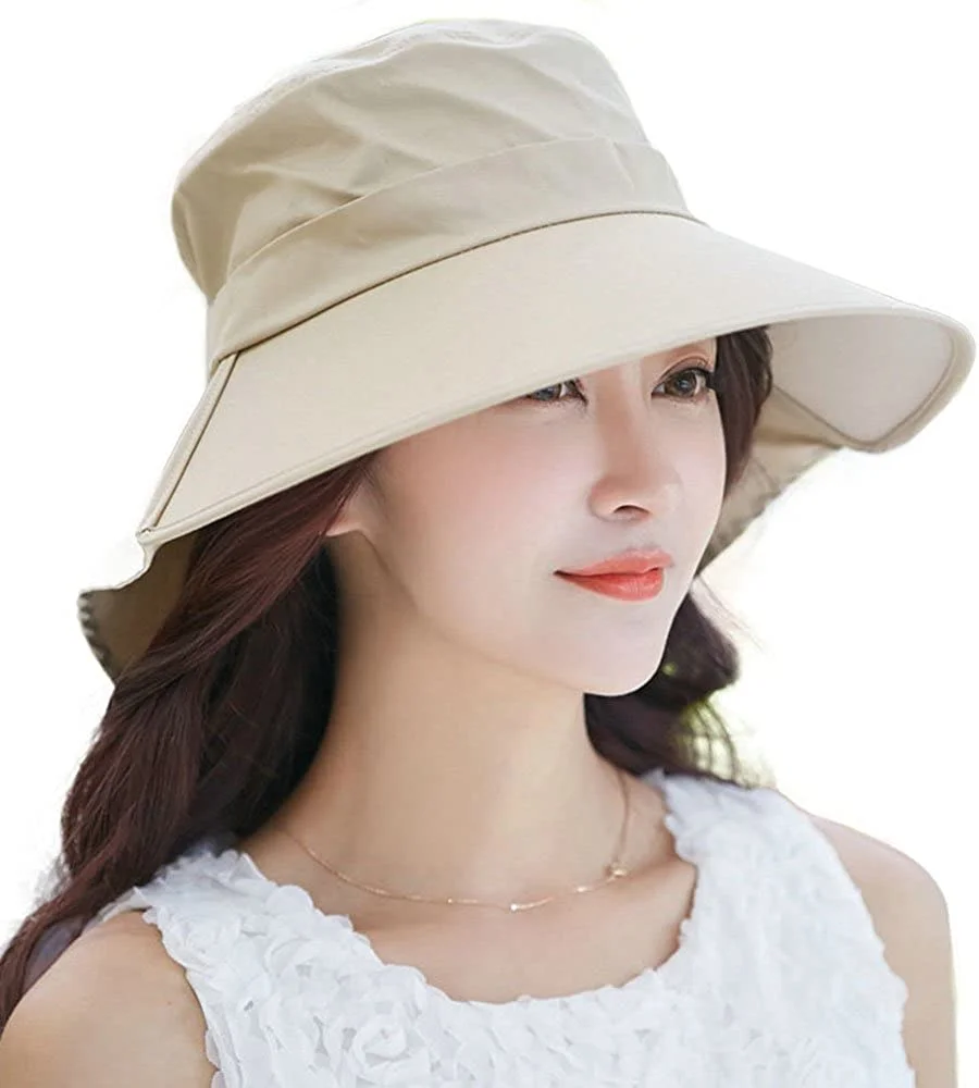 Womens Summer Flap Cover Cap Cotton UPF 50+ Sun Shade Hat with Neck Cord