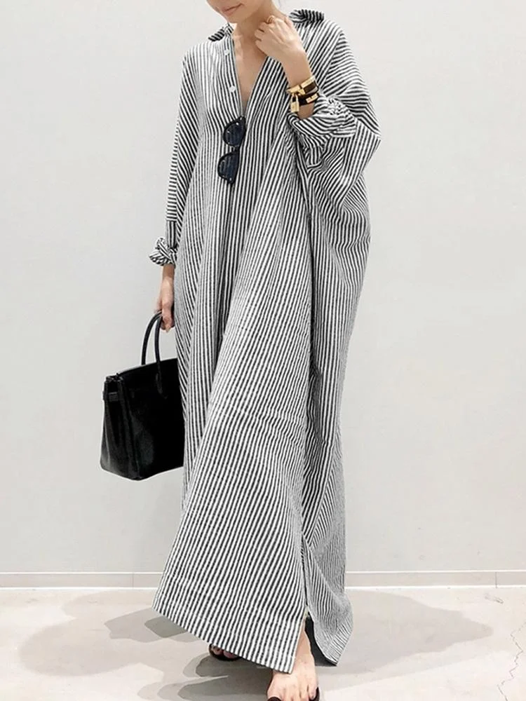 Puff Sleeve Stripe Printed Maxi Dress SKUI03454