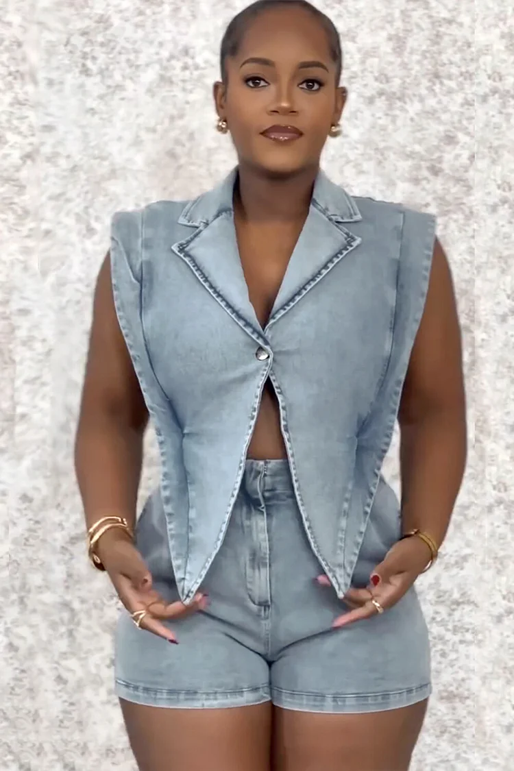 Sleeveless Notch Collar Slit Overlay Denim Casual Playsuit Romper-Blue