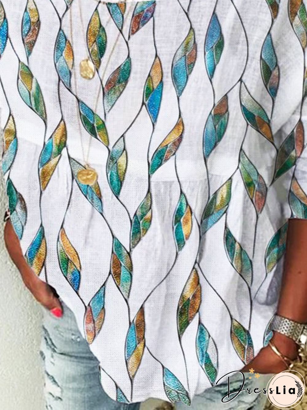 White Leaves Printed 3/4 Sleeve Casual Shift Tops