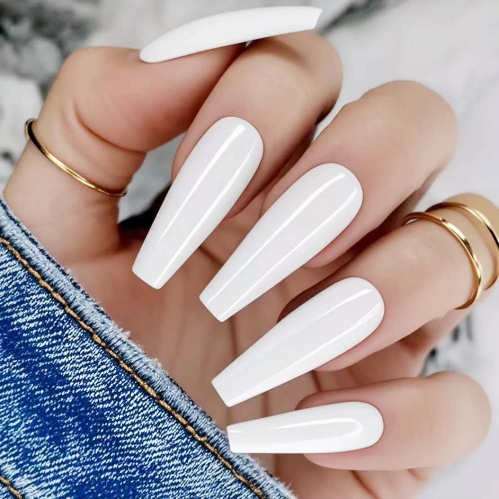 48Pcs Shiny White Woman False Nails With Glue Acrylic Press On Fake Nails Long Ballerina Coffin Shaped DIY Manicure Finger Tips