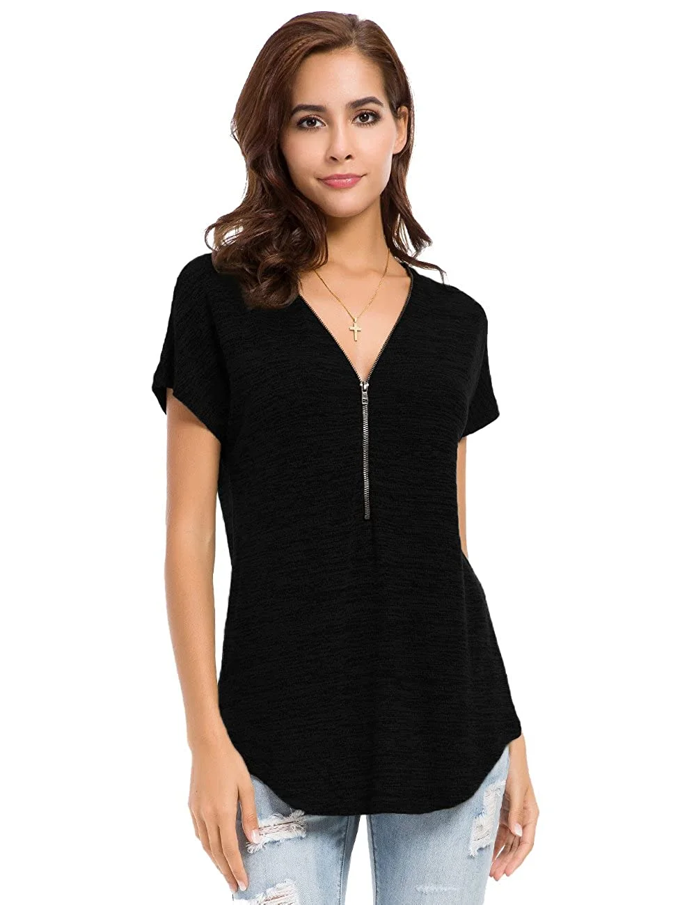 Womens Loose Fitting Zip Up Deep V Neck Short Sleeve Tops Tunic Casual T Shirts Blouse