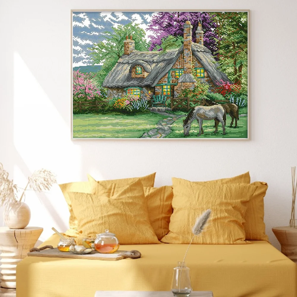 DIY Stamped Cross Stitch 14CT Partial Embroidery 46*38cm - Flower Villa