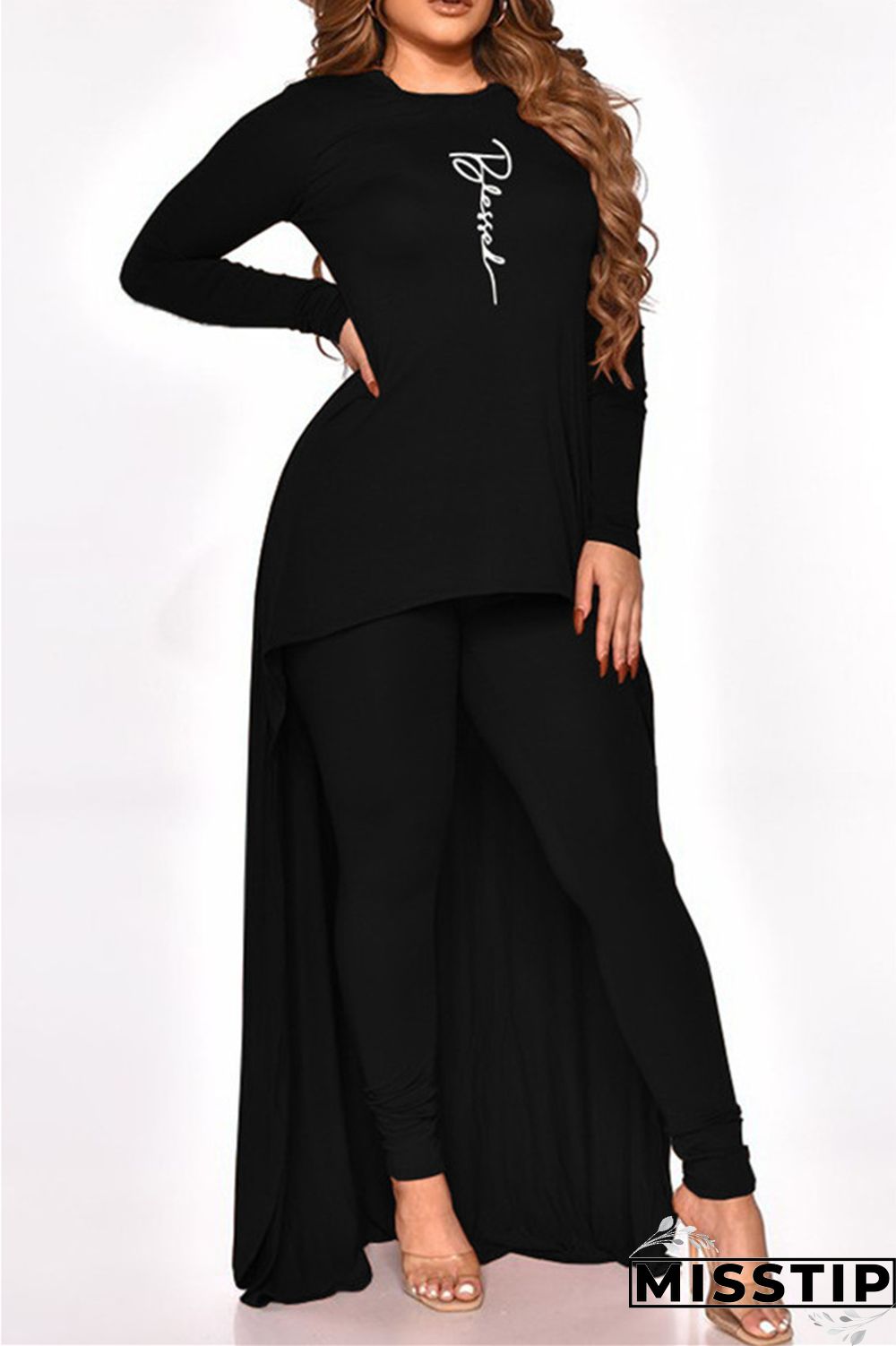 Black Fashion Casual Print Asymmetrical O Neck Plus Size Two Pieces