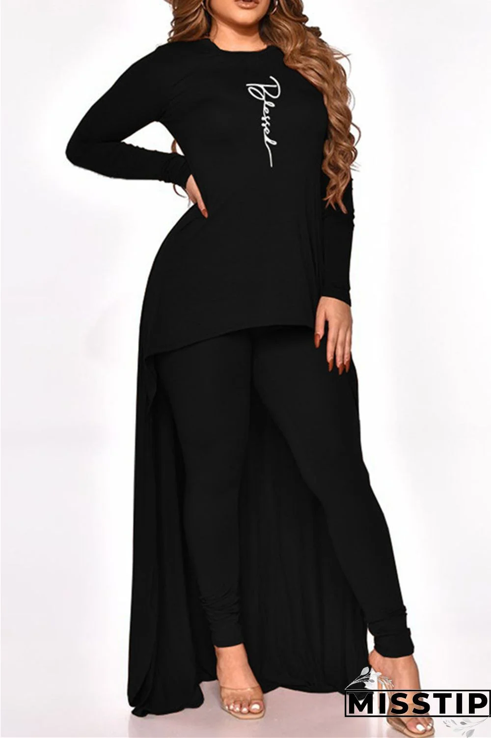 Black Fashion Casual Print Asymmetrical O Neck Plus Size Two Pieces