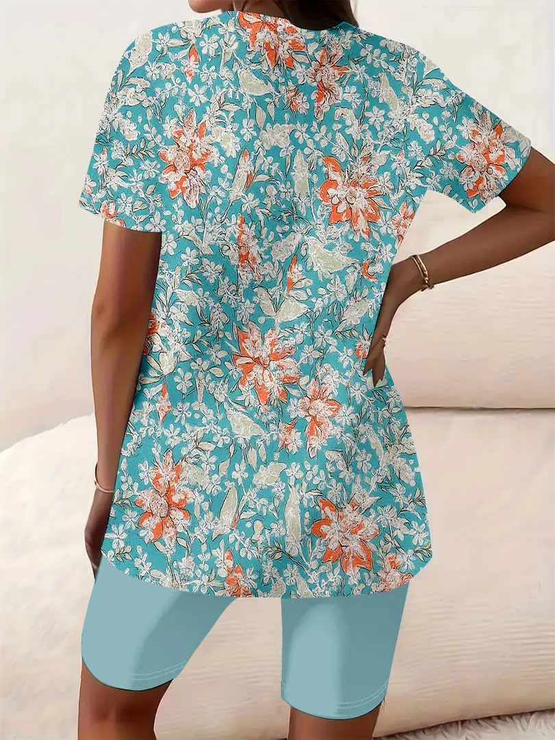 Women Floral,Green,Red DZCJ0845 Short Sleeve Tops and Shorts Plus Size