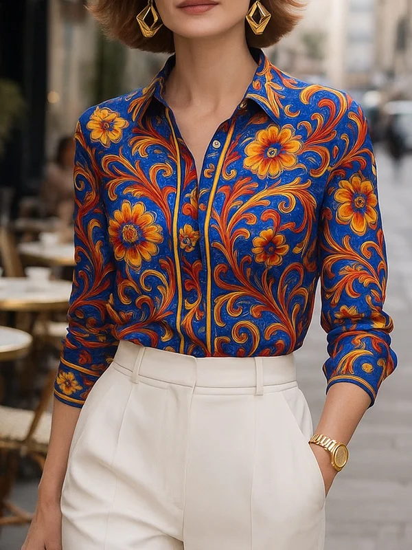 Buttoned Flower Print Long Sleeves Lapel Blouses&Shirts Tops