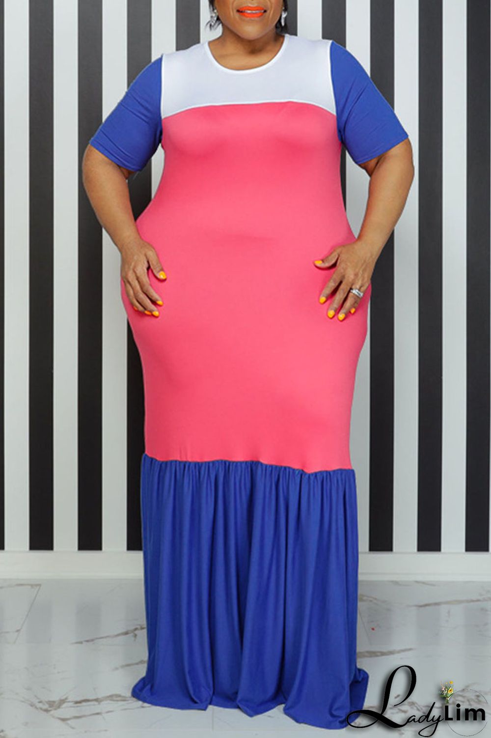 Pink Casual Solid Patchwork O Neck Straight Plus Size Dresses