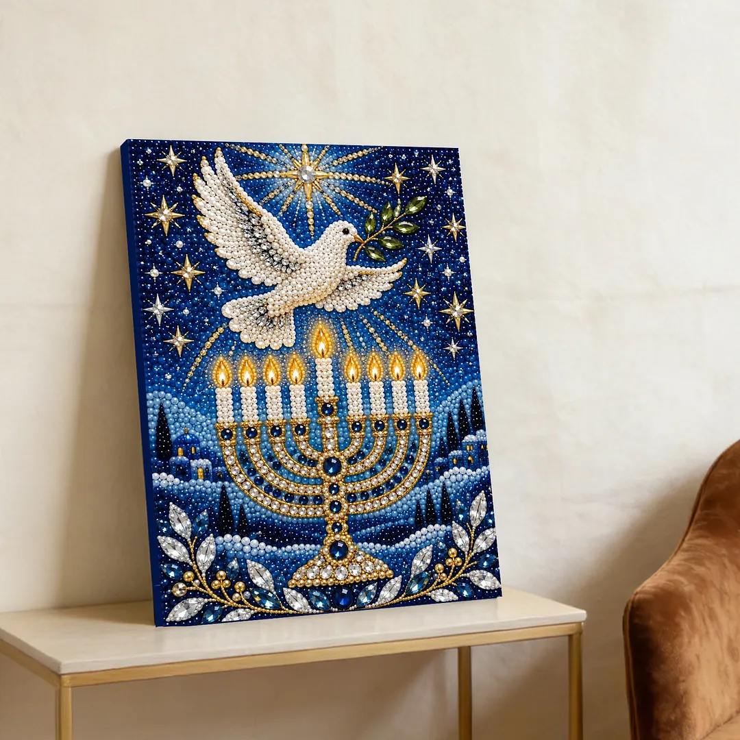 Framed Pearl Painting Kit Hanukkah Menorah Dove 11.81x15.75in