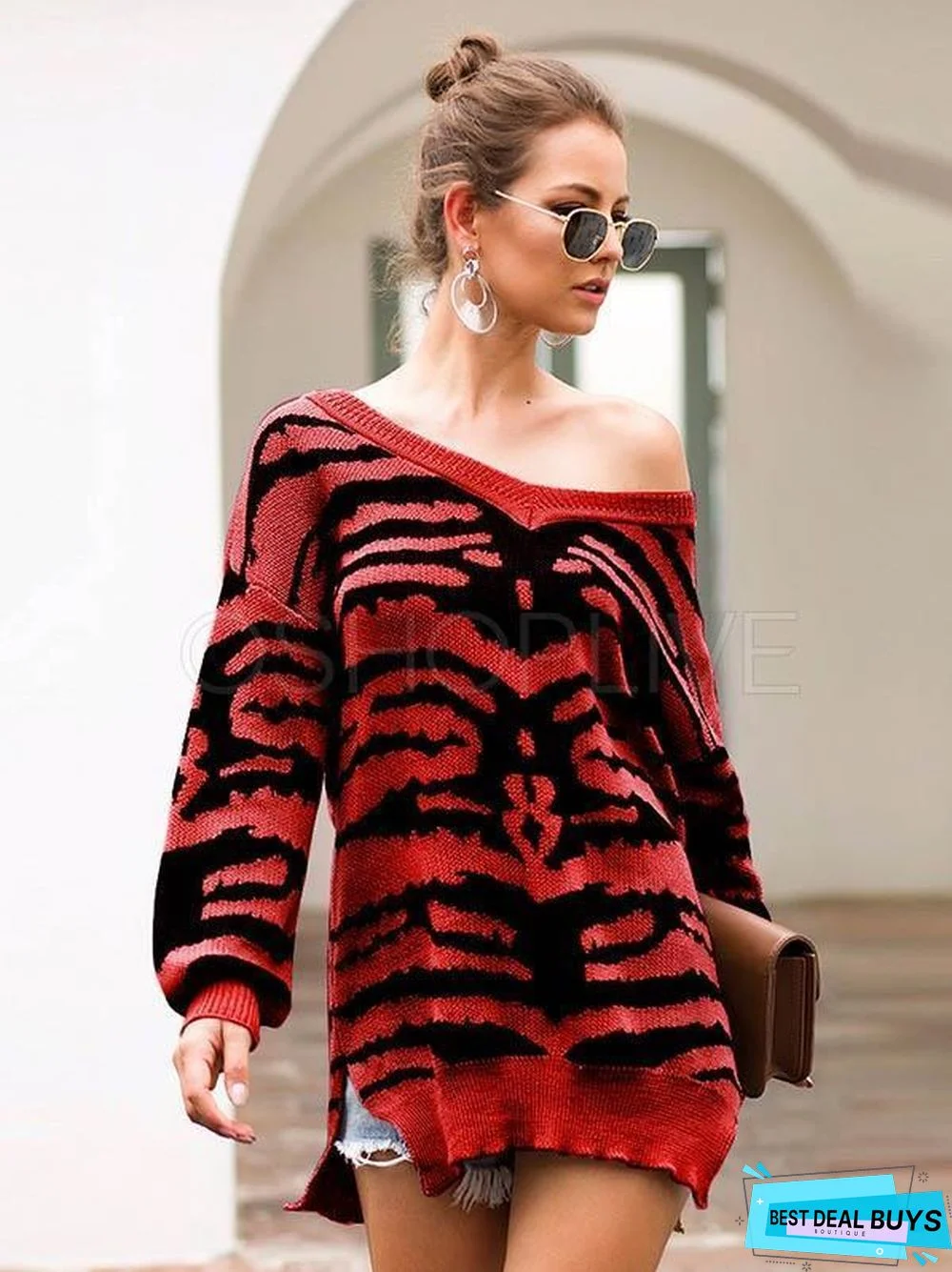Printed Slit Long Sleeve V-Neck Sweater