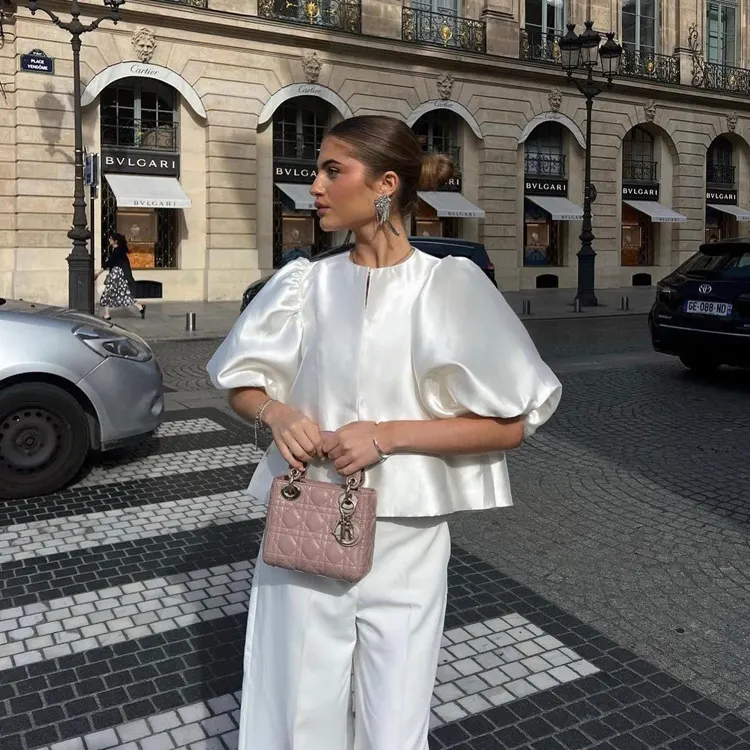 Churchf Churchf Spring / Summer 2024 Fashion Satin Bubble Sleeve Short Jacket Loose White Shirt