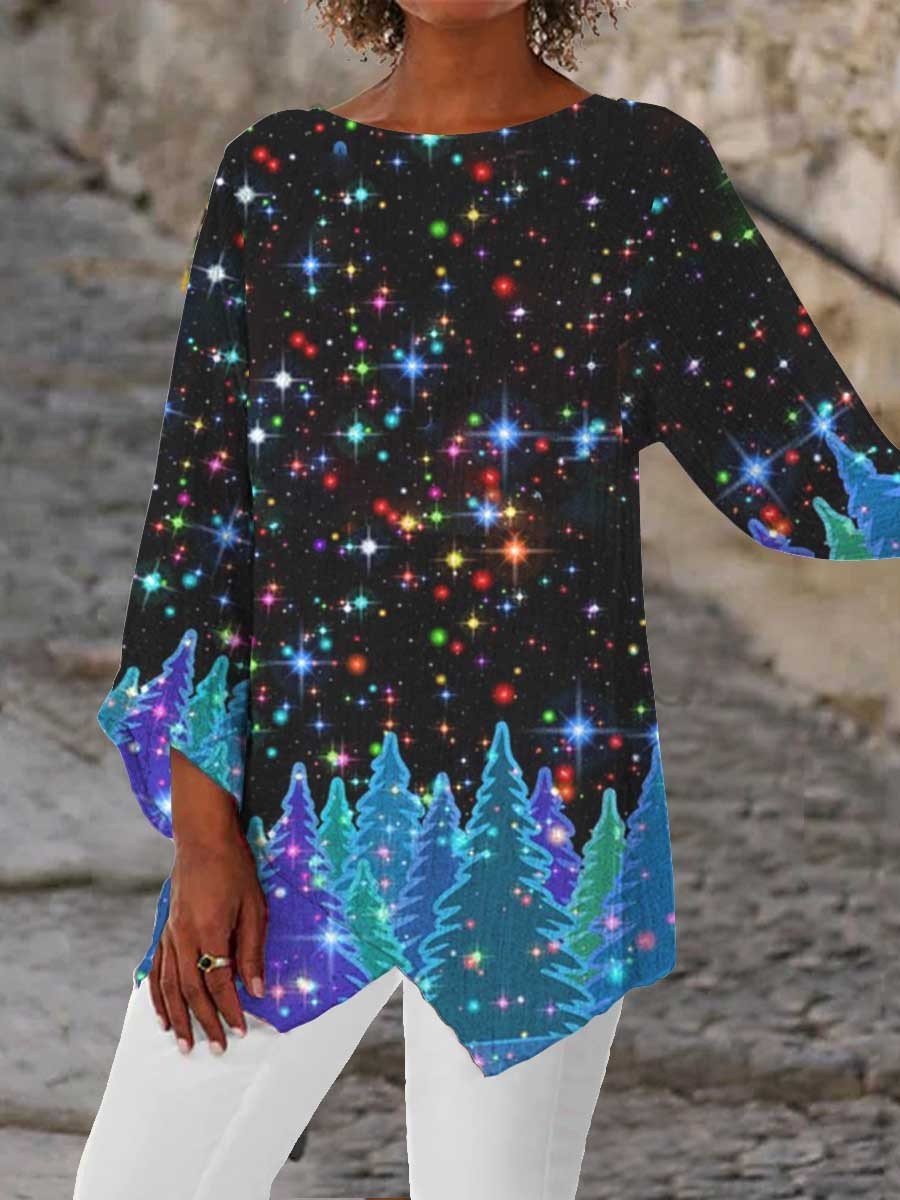 Starry Night Forest Printed Crew Neck Women's Tops