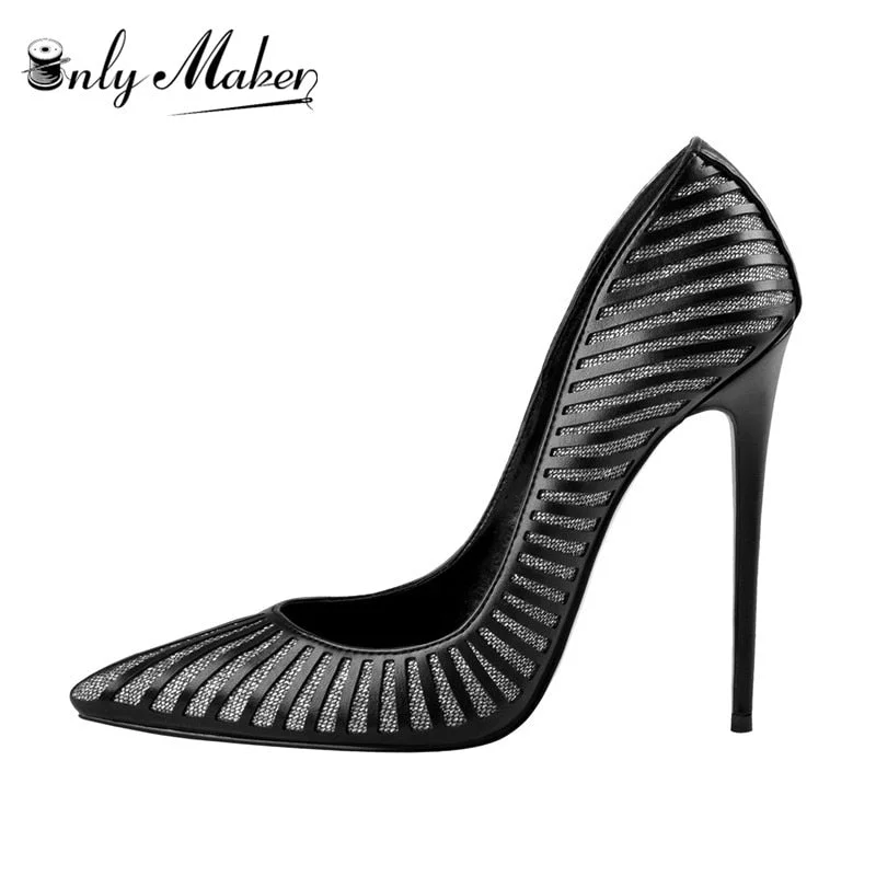 Onlymaker Women12CM Pointed Toe High Heels Slip on Stiletto Pumps Dress Party Office Classic Stripes Plus Large Size US5-15