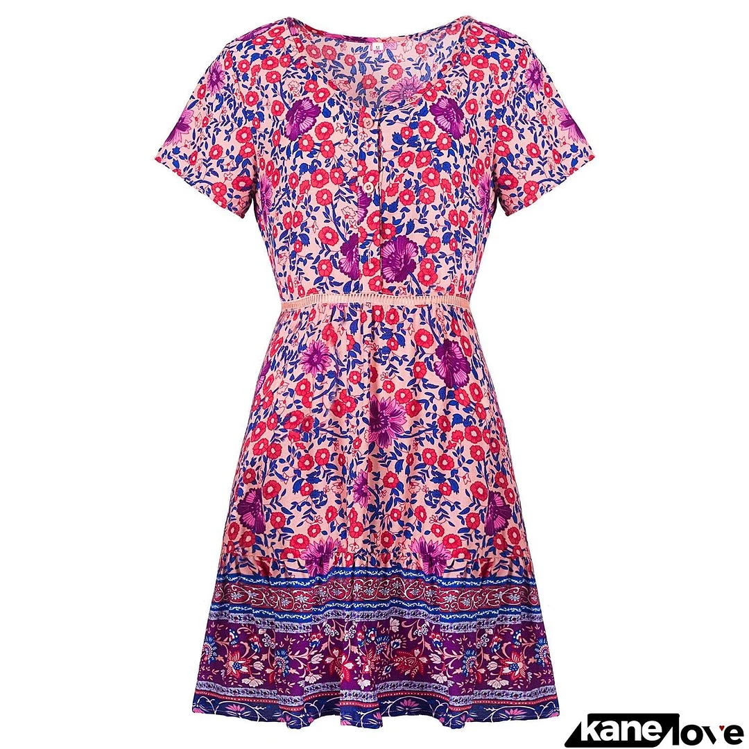 Deep V-Neck Flounce Patchwork Bohemian Skater Dresses