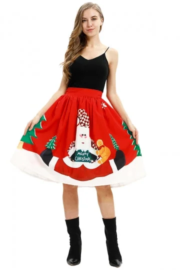 High Waisted Cute Santa Print Midi Christmas Pleated Skirt Coral-elleschic