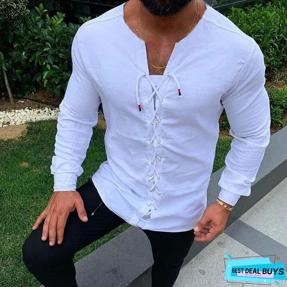 Men's Casual Pure Color Tether Cotton Linen Shirts Slim Fit Social Round Neck Blouses Top