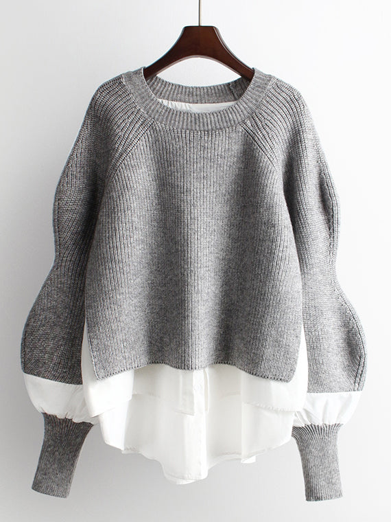 Fake Two-Piece Mid-Length Loose Pullover Sweater Jacket