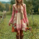 Women's Retro Rose Striped Casual Linen Short Dress - Image 2