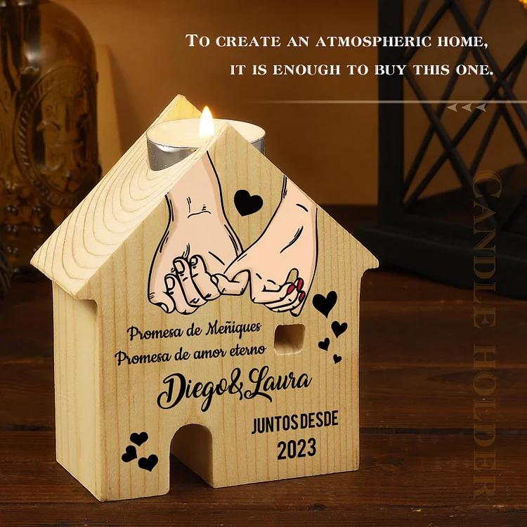 A mi querido/a-Candelero de madera de forma de casa sin candela con nombres y fecha grabada, para enamorados