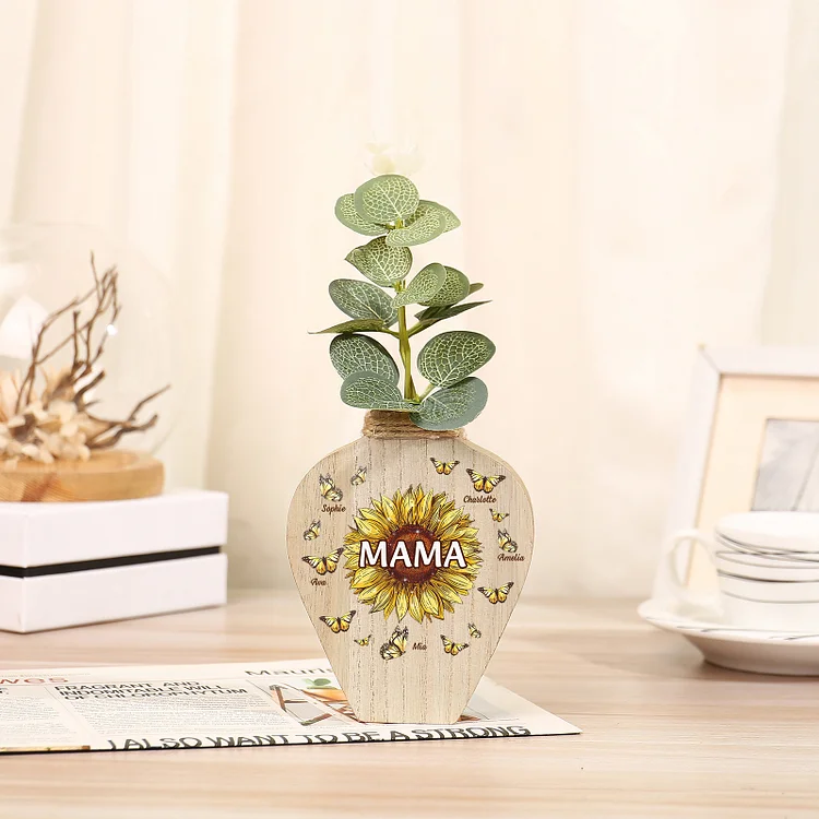 Kettenmachen Holz Personalisierte 5 Namen & Text Sonnenblume Vase