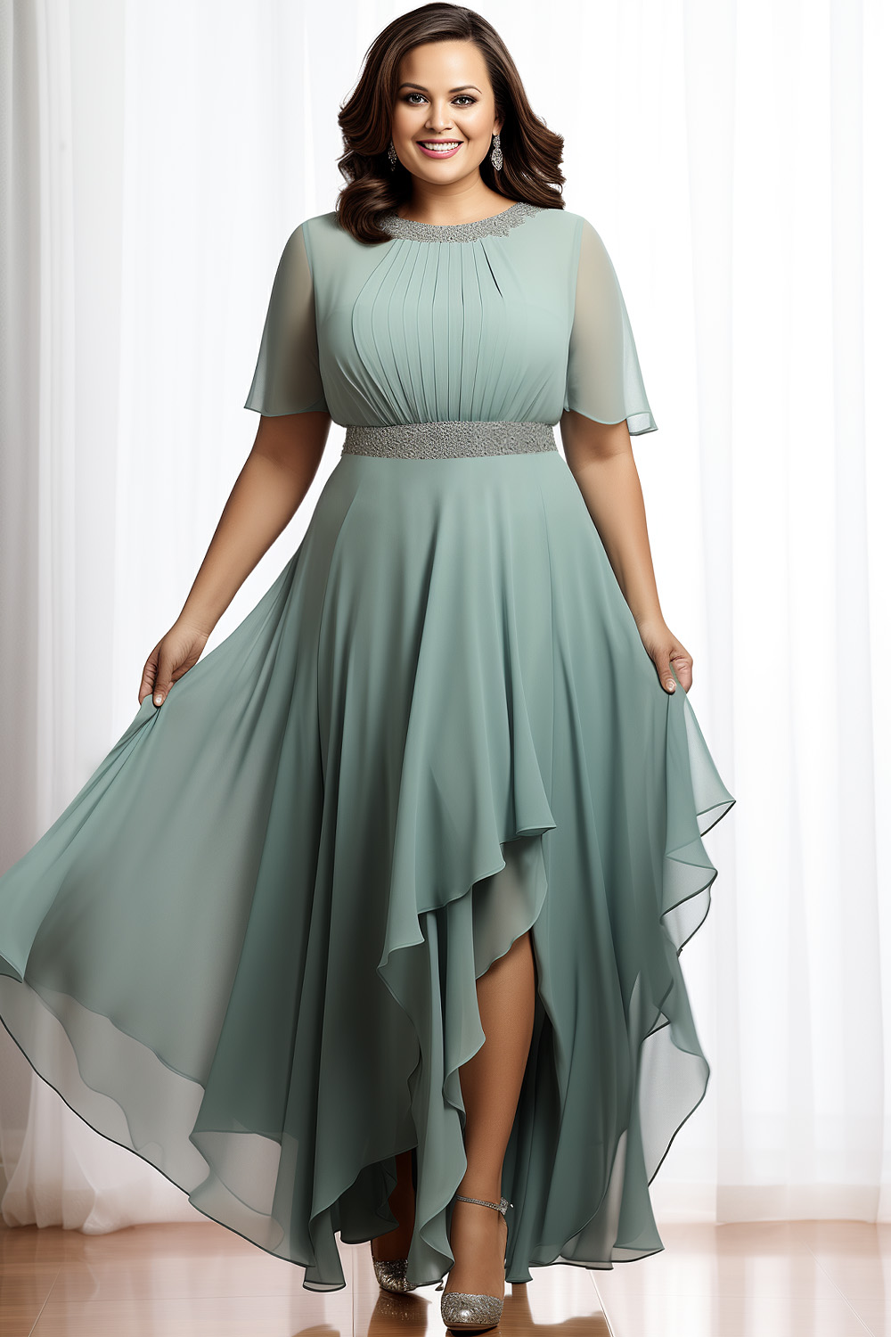 Flycurvy Plus Size Wedding Guest Sage Green Chiffon Flutter Sleeve Empire Waist Asymmetrical Hem Maxi Dress