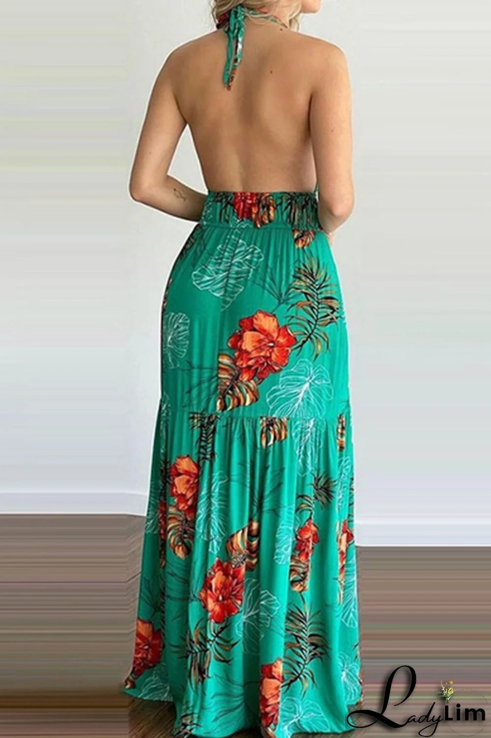Yellow Sexy Print Split Joint Backless Halter Straight Dresses