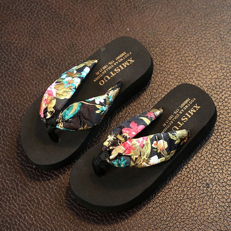 3cm High Heel Women's Summer New Bohemian Satin Wedge with Non-slip Wedge Flip-flops Beach Female Sandals and Slippers  Shoes