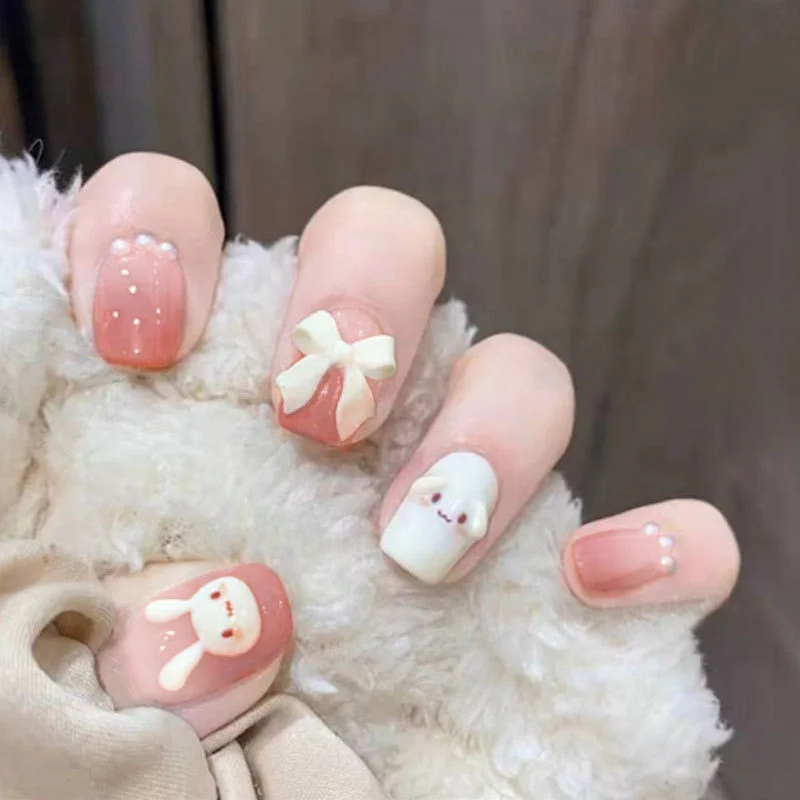 24PCS/Box Bowknot Rabbit Pattern Pearl Short Square Designer Fashion Design French Style Full Covering Pressed Fake Nails