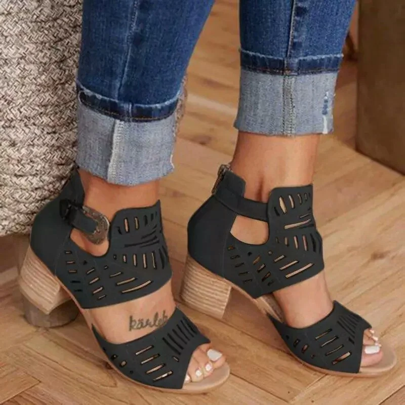 Yyvonne Coarse Heeled Fish Mouth Sandals Women Summer New Hollow Buckle Large Size Women's Sandals