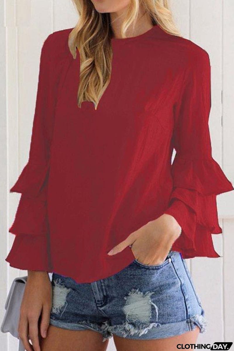 Casual Solid Flounce O Neck Tops(9 Colors)