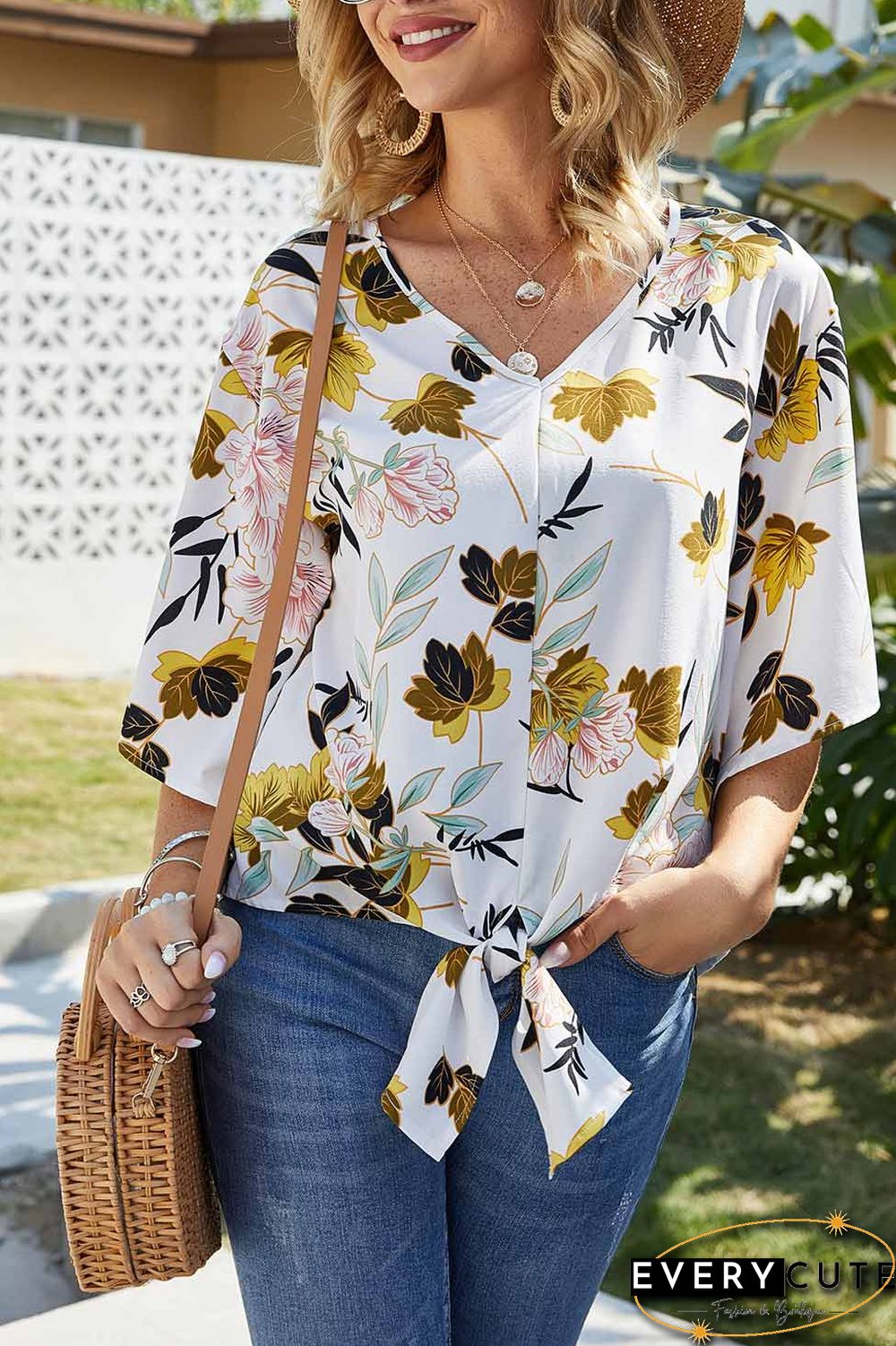 Loose Floral Knot Hem Chiffon Blouse