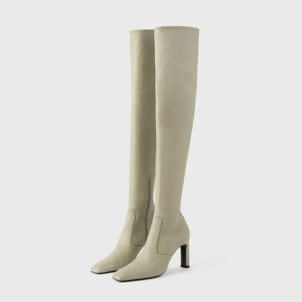 Square Toe Chunky High Heel Over the Knee Boots for Women in Beige